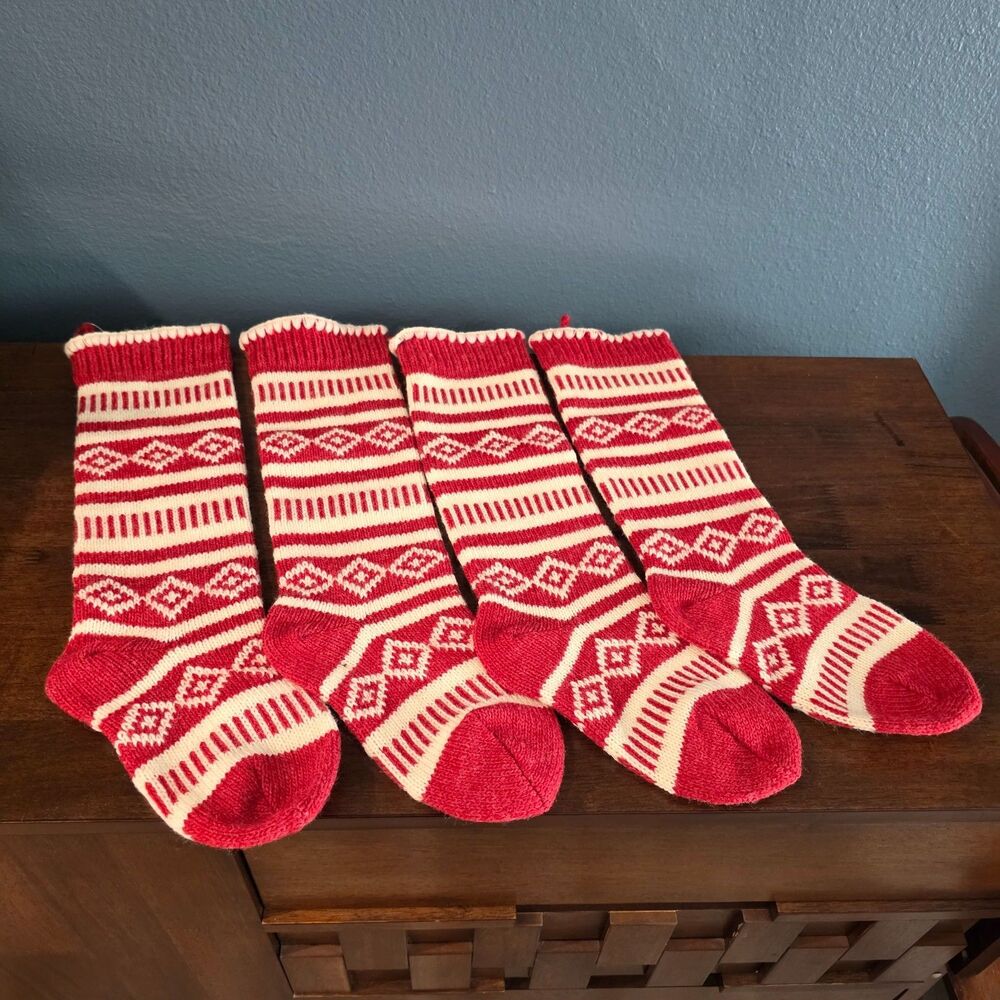 World Market Lot of 4 Sweater Knit Christmas Stockings Nordic Fair Isle NWOT